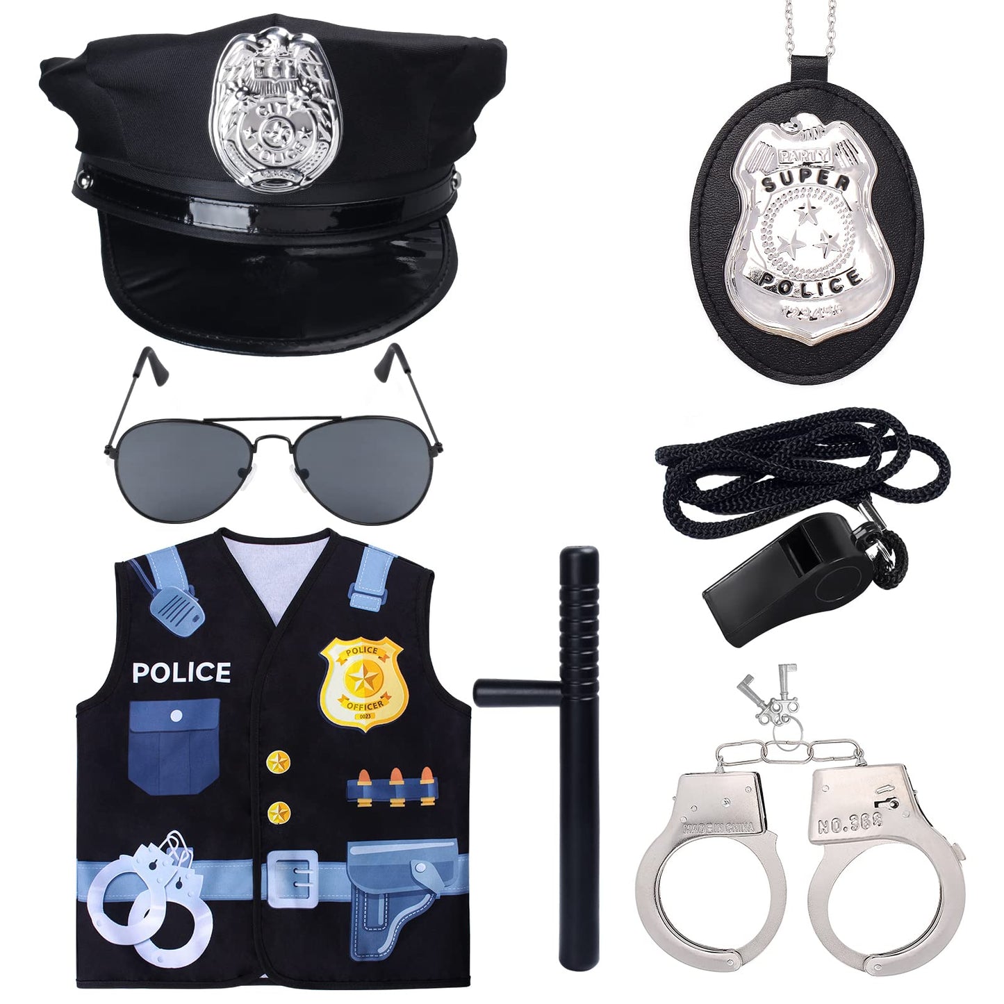 Keymall Kids Police Costume Set-7 Pcs Police Officer Dress Up For Boys-Hat,Vest, Badge,Whistle,Sunglasses,Handcuff,Baton (Set C)