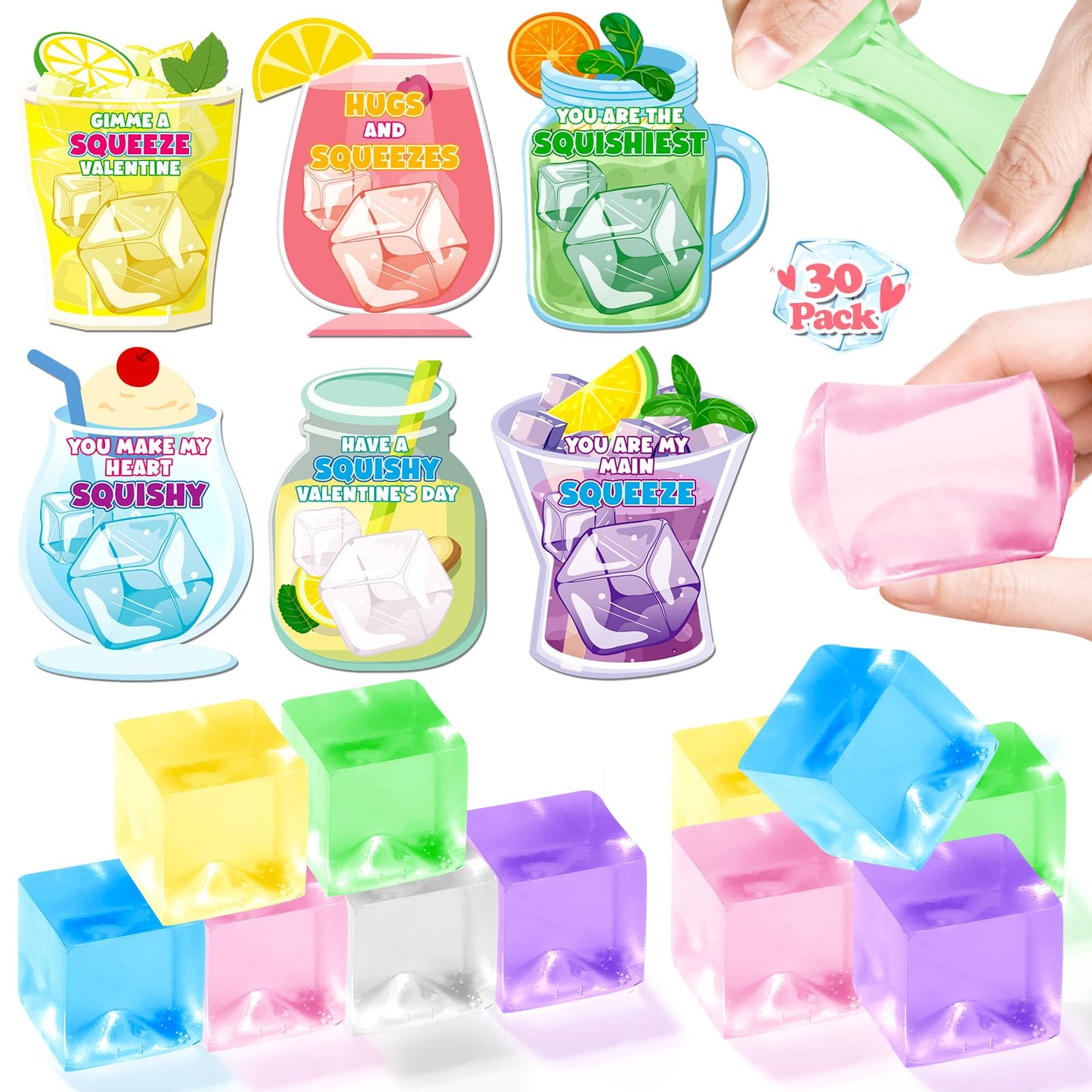 Valentines Day Gifts Cards For Kids, 30 Pack Ice Cube Squeeze With Valentines Day Card For Kid Classroom Exchange, Stretchy Stre