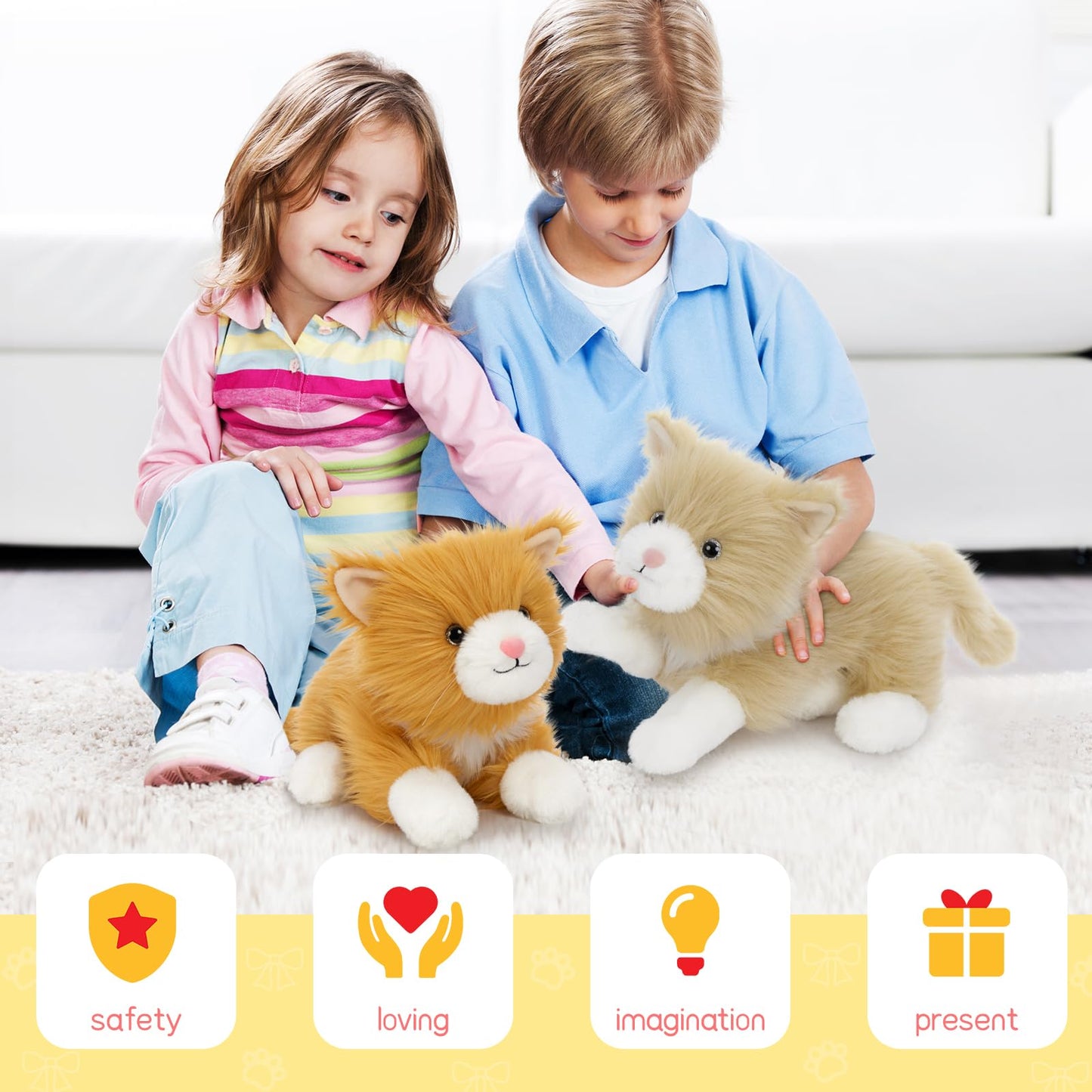 Tezituor 17" Realistic Cat Plush Toy Set, Long-Hair Stuffed Animals, Orange & Golden, Ideal Birthday Gift for Kids