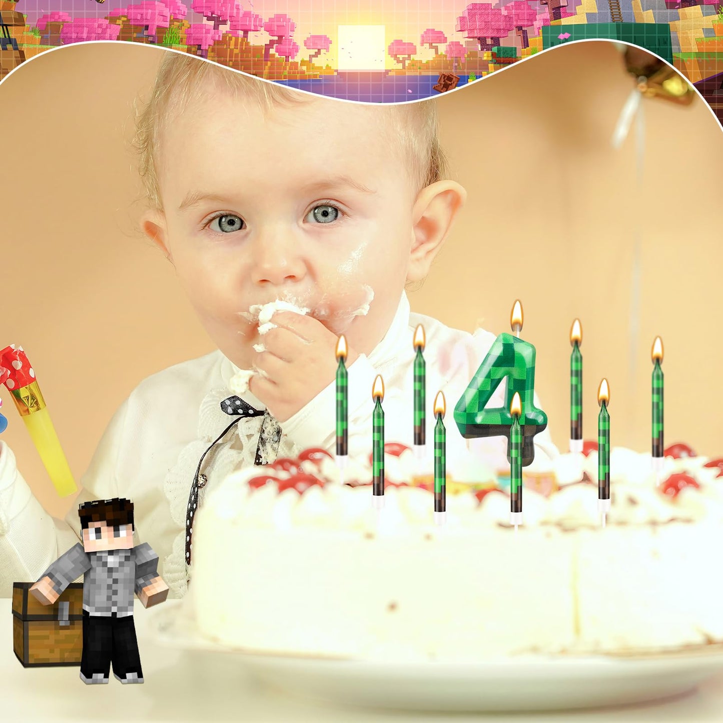 13 Pcs Dynamite Candles 12 TNT Themed Birthday Cake Candles and Number 4 Candle Cake Topper for Pixel Theme Birthday Party Anniv