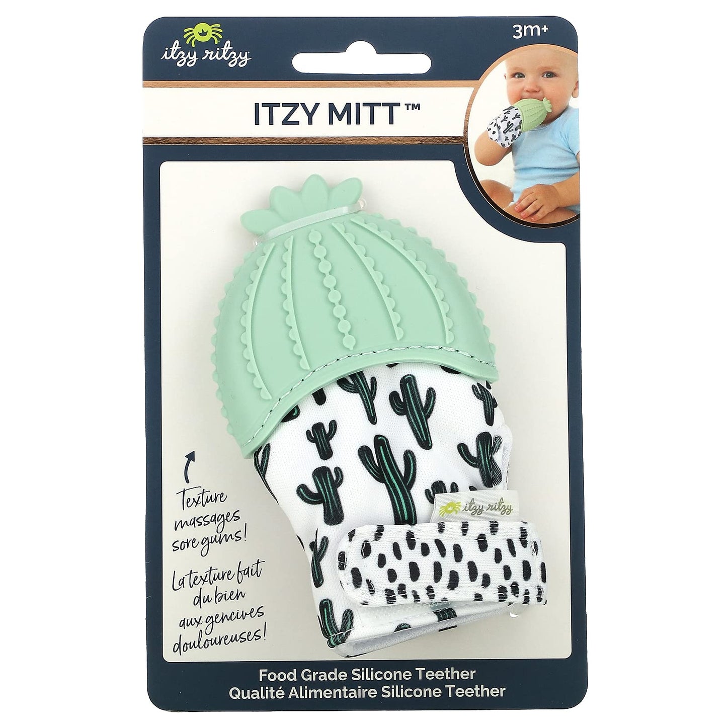Itzy Ritzy Silicone Teething Mitt - Cactus, 1 Count, Adjustable Strap, Crinkle Sound, For Infants 3 Mos & Up, Model MITT8320