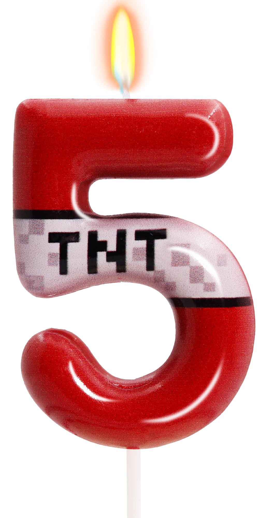 TNT Themed Birthday Candles for Boys Girls, Craft Pixels Cake Topper, Kids Themed Birthday Party Supplies (Number 5-Red)