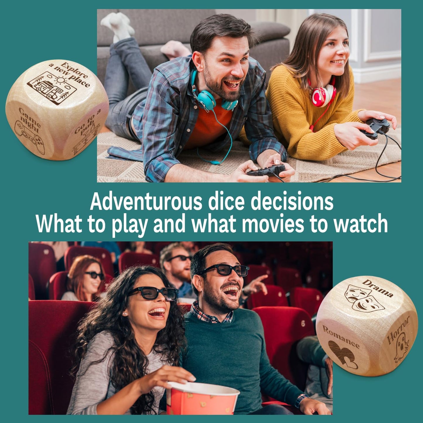 JCHCAMRY 2 Pcs Anniversary Wooden Movie and Activity Date Night Decision Dice Decider Valentines Day Gifts for Him Her Christmas