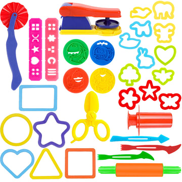 Oun Nana Playdough Tools Set For Kids,32 Pcs Play Dough Tools Kit - Molds, Rollers, Extruder, Cutter, Scissor, Random Color