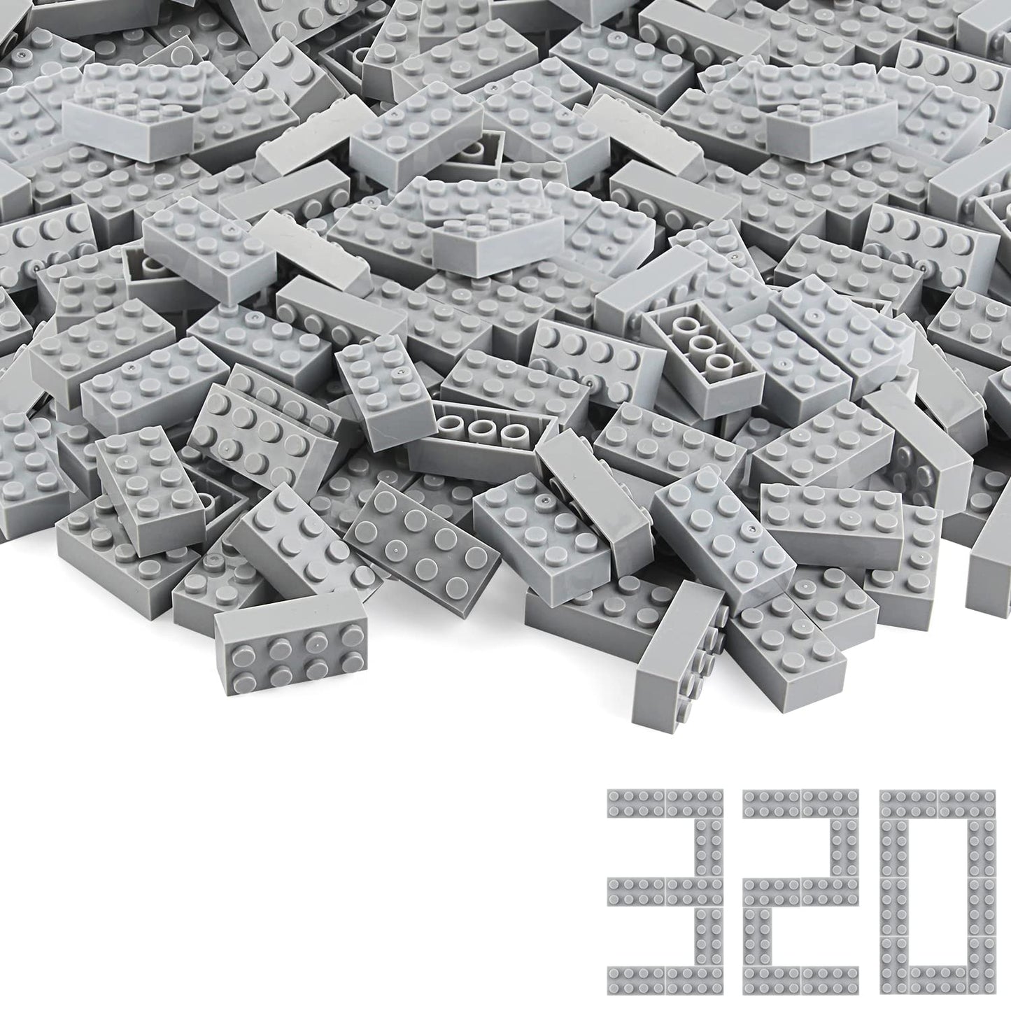 Feleph Basic Parts 320 Pieces 2X4 Light Gray Bricks Building Creative Play Blocks Set Toy Accessories Combine With Major Brick Brands (Gray Light)