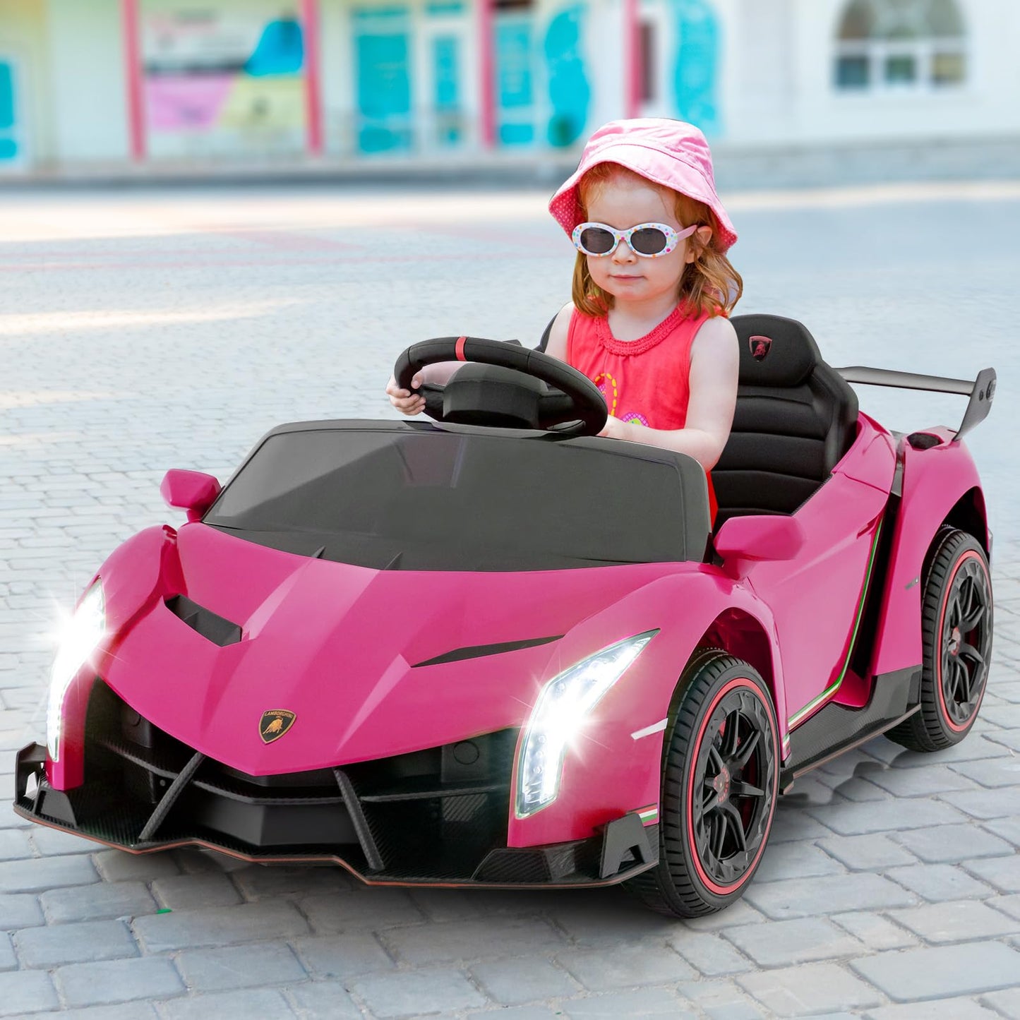 OLAKIDS 2 Seater Kids Ride On Car  12V 4WD Licensed Lamborghini Veneno Electric Vehicle with Remote Control  Toddlers Battery Powered Toy Gift with 2 Speeds  Rocking Mode  Music  USB  MP3 (Pink)