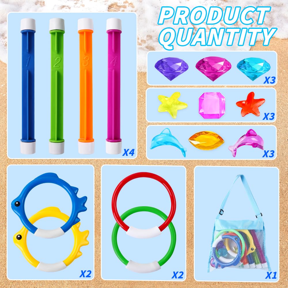 Yujun 18Pcs Pool Diving Swimming Toys, Summer Underwater Game Toys With Pool Fishes Dive Sticks Rings Gems Storage Bag For Kids Swim Birthday Party Favors