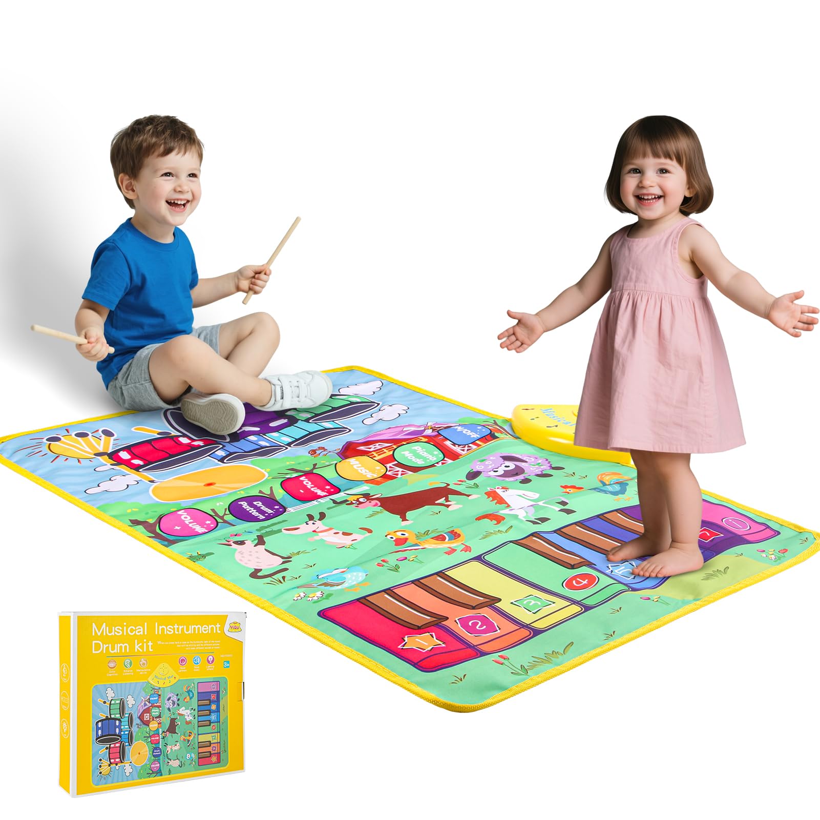 Musical Farm Animals Sounds Piano Mat for Kids, Sensory Educational Learning Toy with Drumset for Toddlers, Interactive Floor To