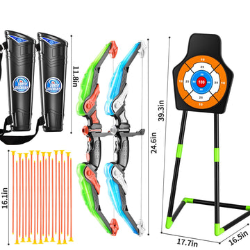 Temi 2 Pack Archery Set - Includes 2 Bows, 20 Suction Cup Arrows & 2 Quivers & Standing Target, Outdoor Light Up Toys For Kids B