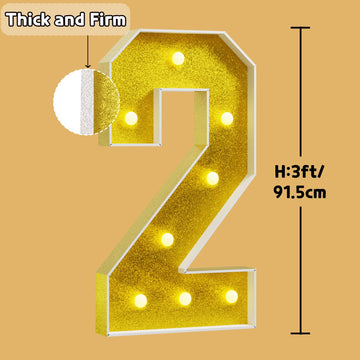 Imprsv Marquee Numbers Gold 3Ft: Golden Party Decor - Light Up Number 2 Large 3 Feet Tall - Birthday Decorations For Him Her 2Rd