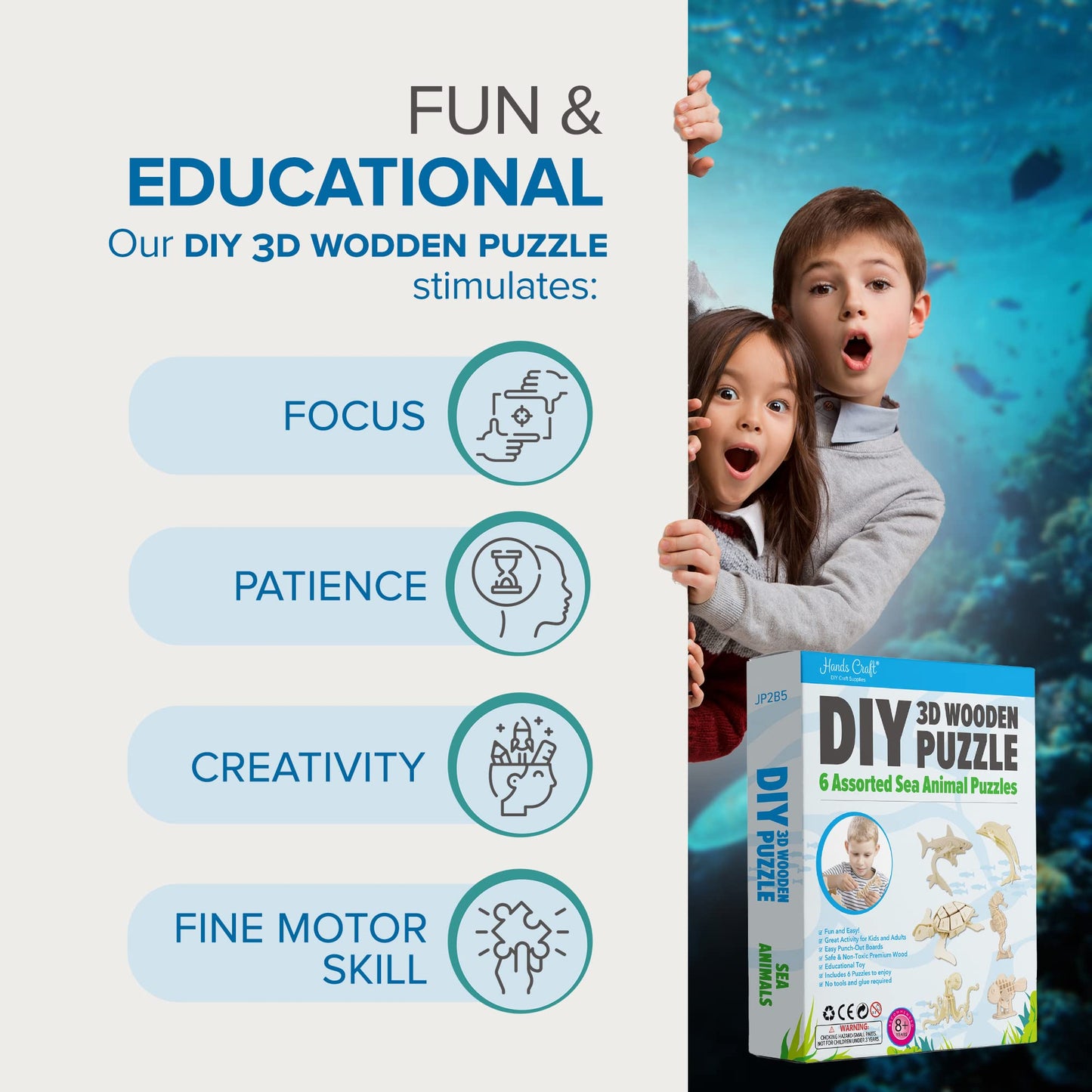 Hands Craft Diy 3D Wooden Puzzle - 6 Assorted Sea Animals Bundle Pack Set Brain Teaser Puzzles Educational Stem Toy Adults And K