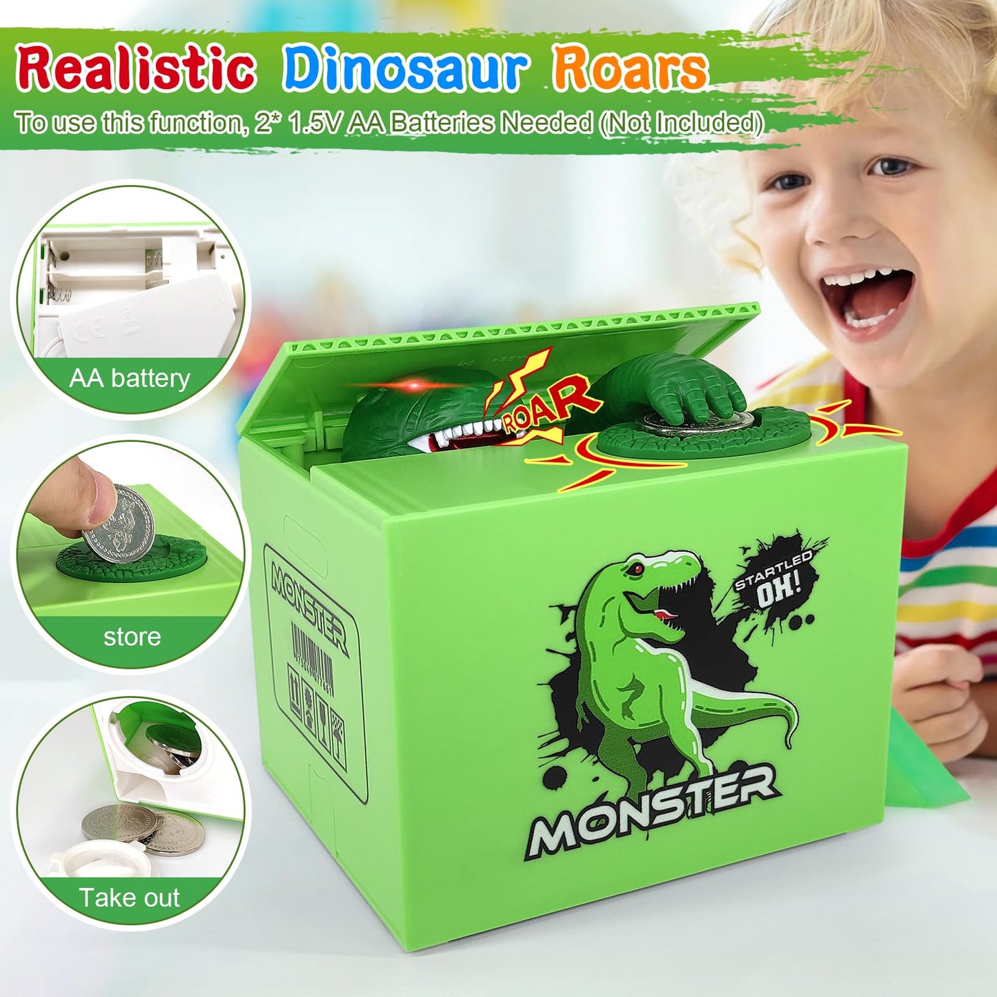 Piggy Bank For Kids,Dinosaur Toys For Boys Age 3 4 5 6 7 8 9 10 11 12,Automatic Coin Stealing Money Bank With 2 Sets Of Diy Stic