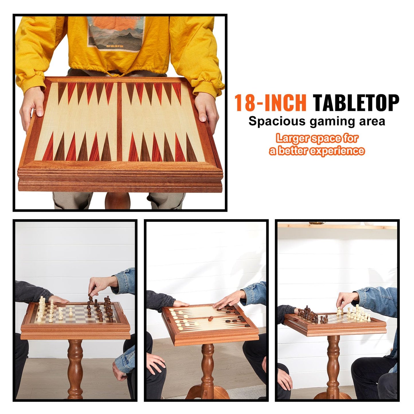 Vevor 3-In-1 Chess Checkers Backgammon Table Set, 18 Inch Premium Wooden Chess Table, Deluxe Combo Game Table Furniture Set, Chess Set Board Game Gift For Family Board Games