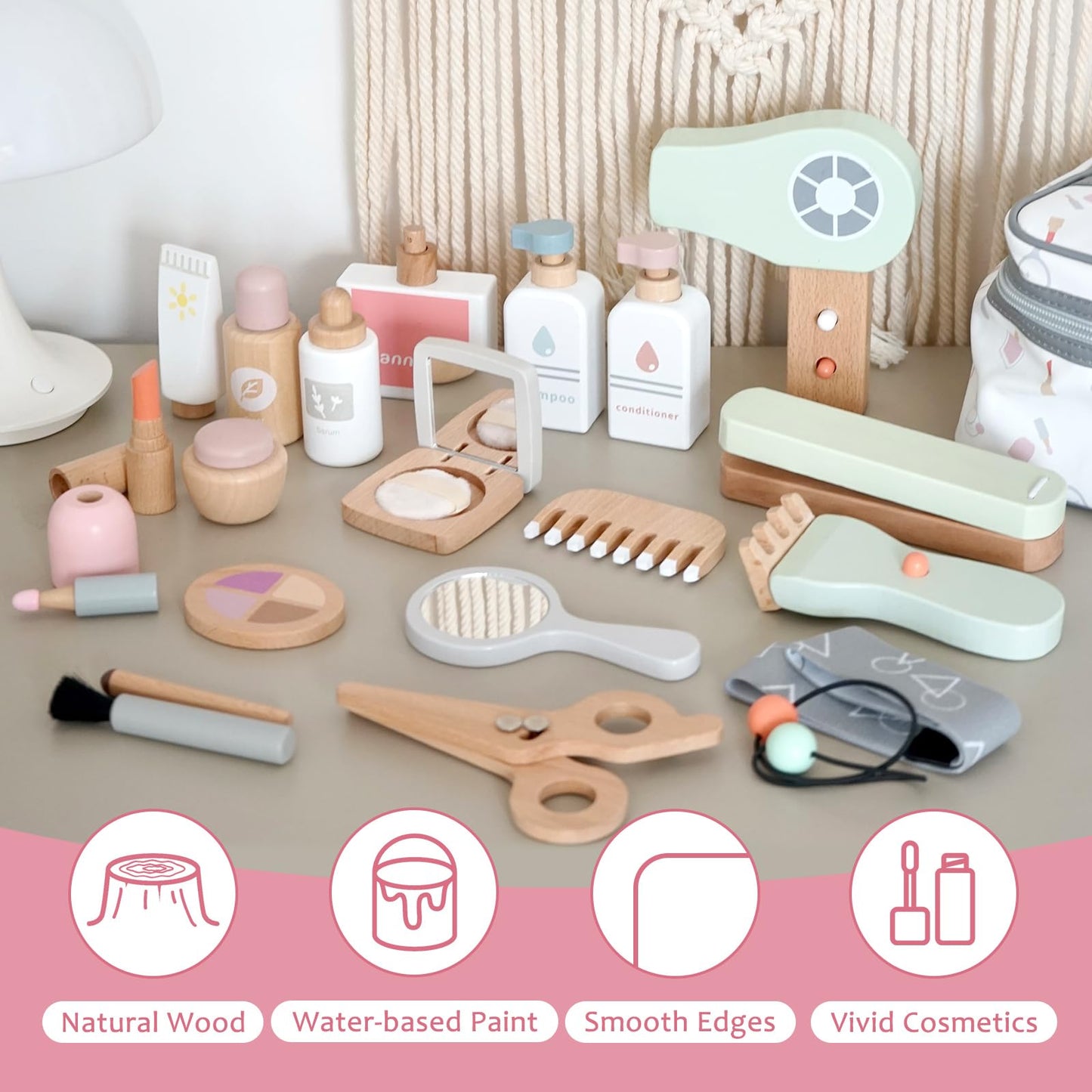 Smartwo Wooden Makeup Toy Set for Toddler Pretend Play 22 PCS Wood Beauty Salon Toys Cute Wooden Makeup Kit with Realistic Acces