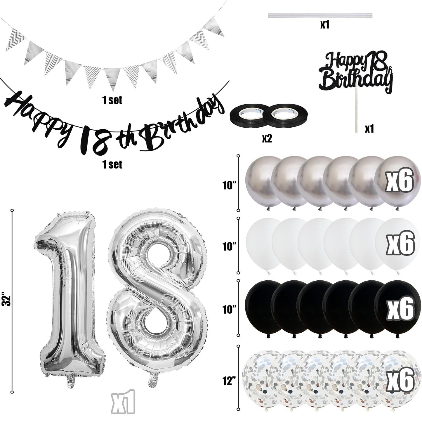 18Th Birthday Decorations For Boys Girls, Black Happy 18Th Birthday Banner With Black Silver White 18Th Birthday Balloons Cake T
