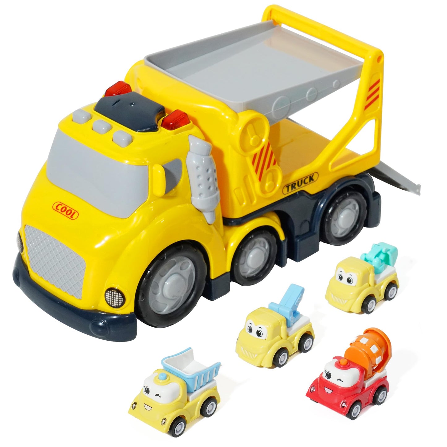 Construction Car Carrier Toys Set for 3 4 5 6 Years Old Toddlers Boys & Girls Gift, 4 Small Cartoon Cute Cars Trucks Crane Mixer