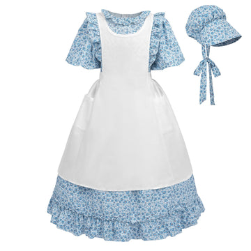 LTAKK Pioneer Dress Girls Colonial Costume Prairie Pilgrim Girl Dresses with Pinafore, Indigo Blue, Large, age over 4 years old