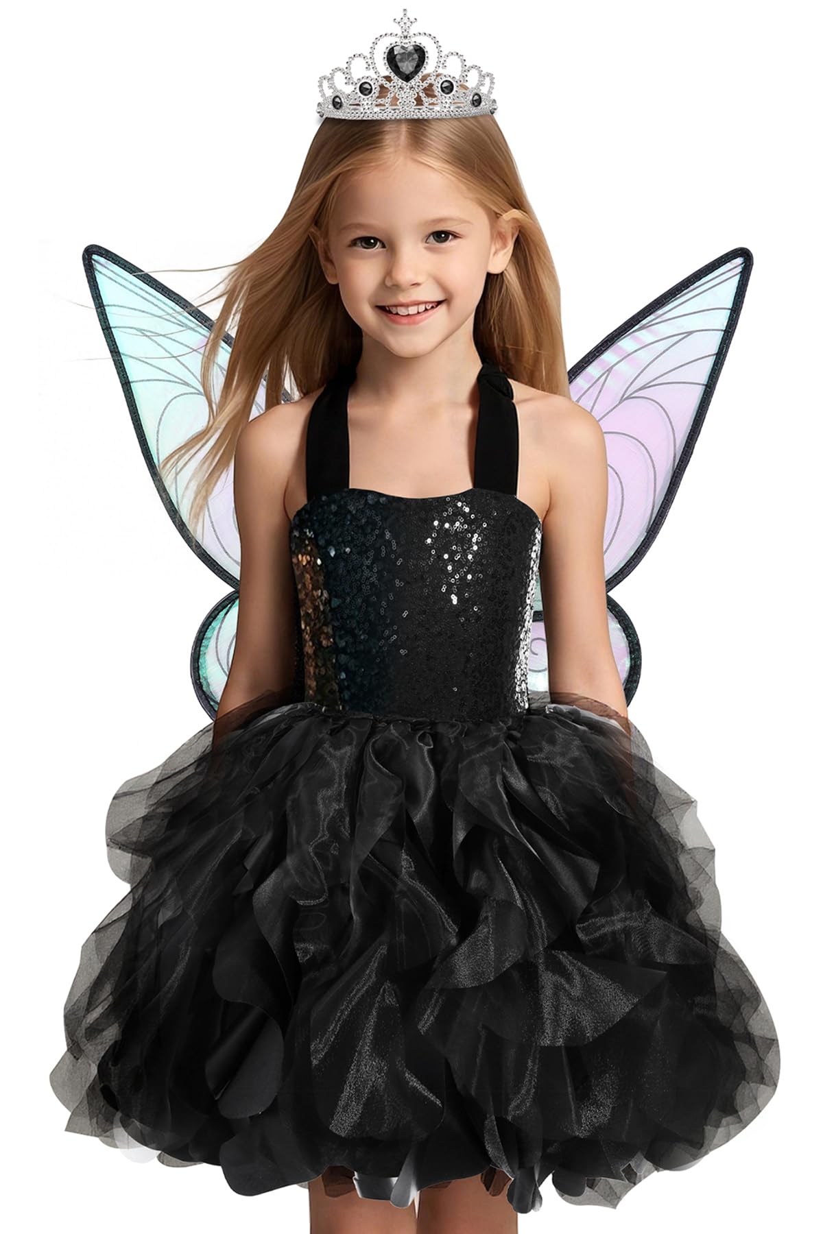 Soyoekbt Fairy Costume For Girls Princess Tutu Dress With Butterfly Wings For Girls Birthday Party Dress Up (Black, 9-10 Years)