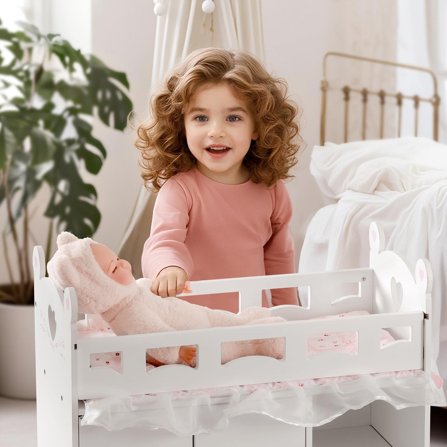 ROBUD Baby Doll Crib, Wooden Doll Bed, Baby Crib Toy with Storage, Bedding, Storage Bag and 3 Hooks, 18-21 inch Doll Accessories