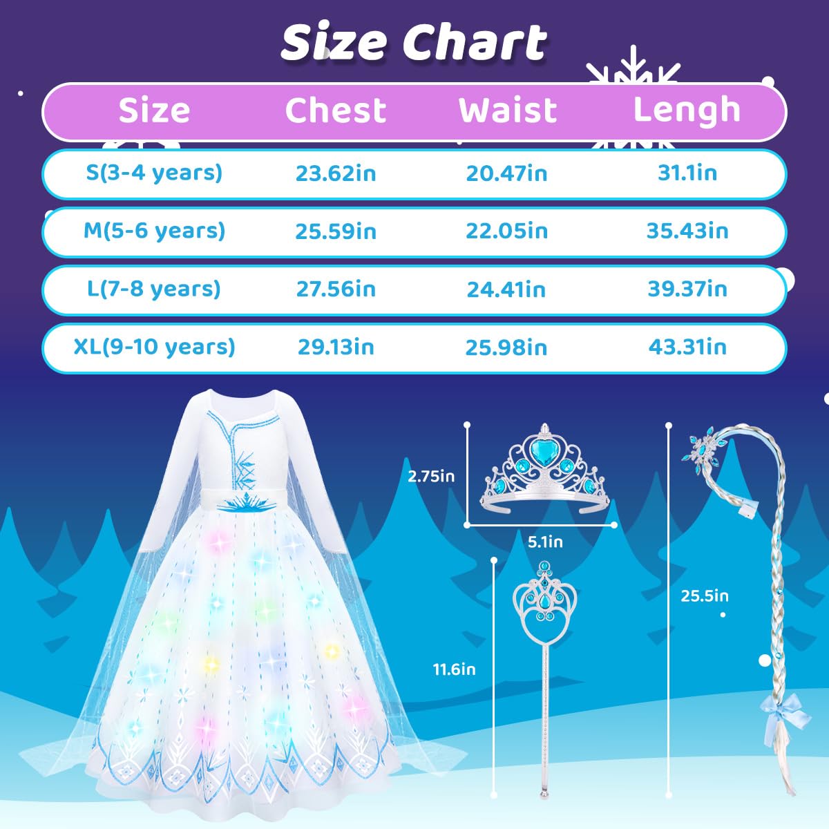 Meland Princess Dress Up For Girls - Light Up Princess Costume For Girls 3-10 Year Old, Gift For 3,4,5,6,7,8,9,10 Year Old(5-6 Years)