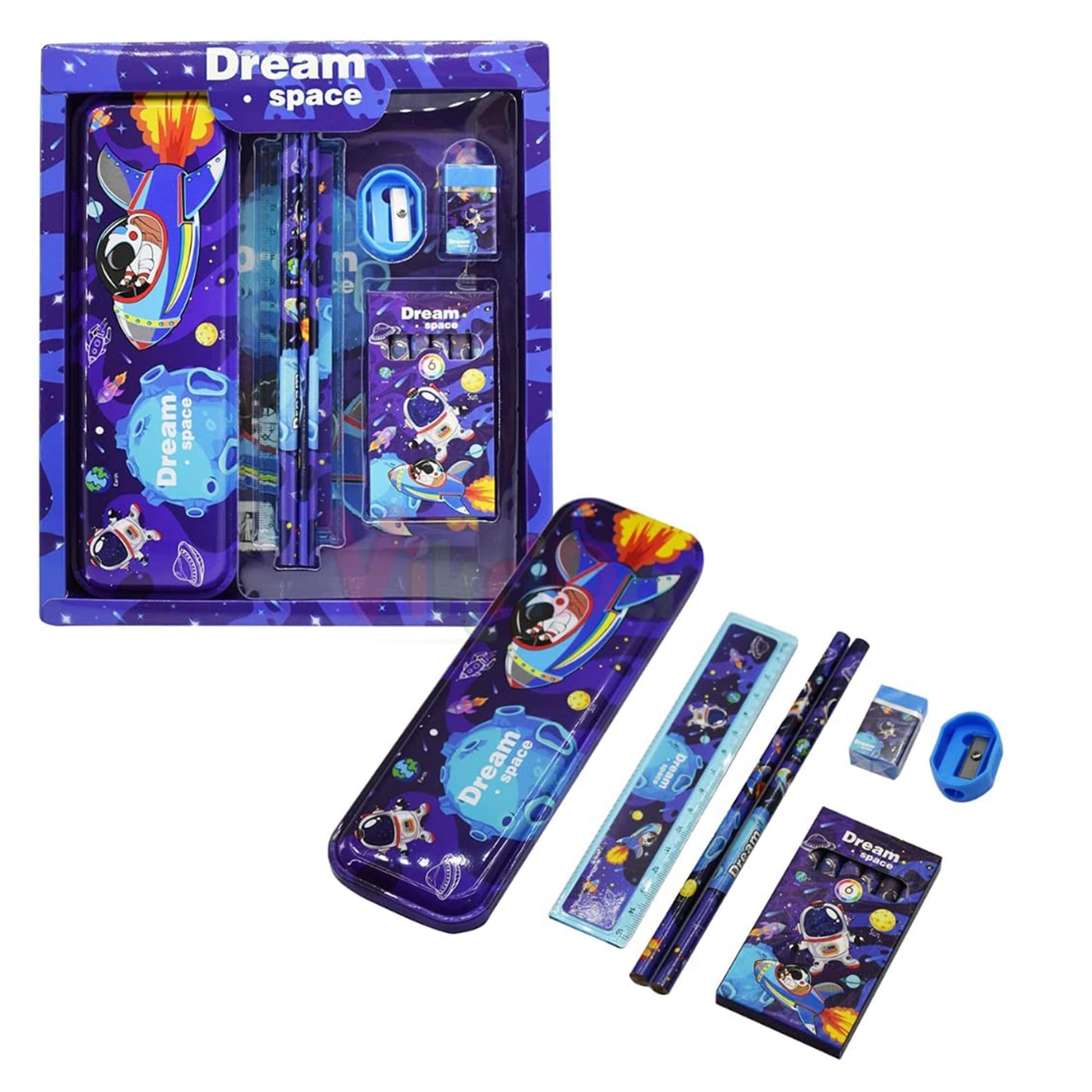 Rainbow Riders Stationery Kit Set School Supply Included Metal Pencil Box/Two Pencil/Eraser/Sharpner/Ruler Scale & 6 Pcs Crayon 