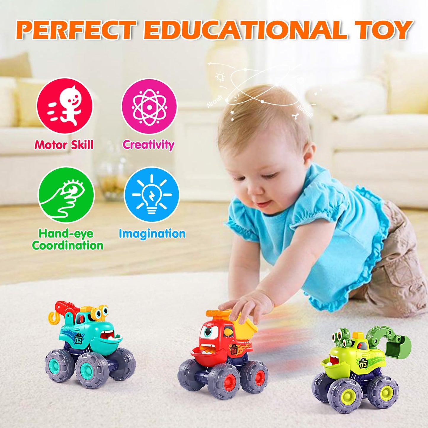 OCATO Monster Truck Toys for 1 2 3 Year Old Boy Birthday Gift, Construction Toys Pull Back Cars for Toddlers 1-3, Baby Boy Toys