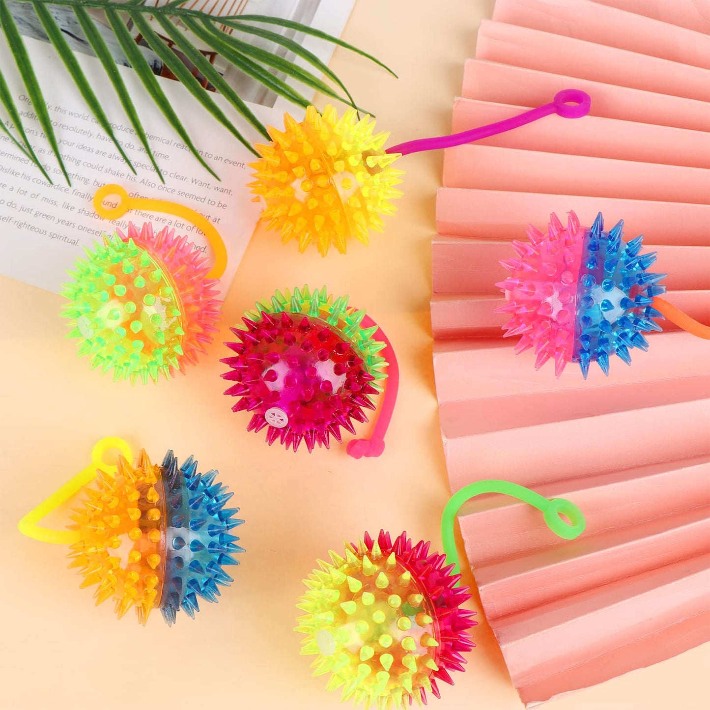 Haerbao 24 Pieces Light Up Bouncy Ball Light up Spike Rubber Ball Sensory Toy Flashing Spiky Sensory Stress Balls for Party Favo