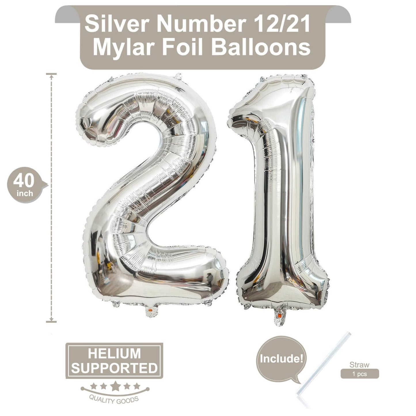 LHOAVWE 40 Inch Silver 21 Number Balloons - Giant Foil Mylar Helium Balloons for 12th & 21st Birthday Party Decorations