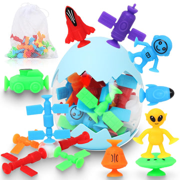 Suction Bath Toys For Kids, 20 Pcs No Hole Outer Space Bath Toy With Eggshell & Bag, Silicone Suction Cup Toys, Sensory Window B