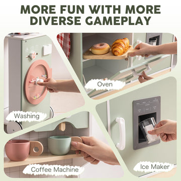ROBOTIME Wooden Play Kitchen, Wood Kids Play Kitchen with Ice Maker and BBQ, Kids Play Kitchen Pretend Play Set with Lights & So