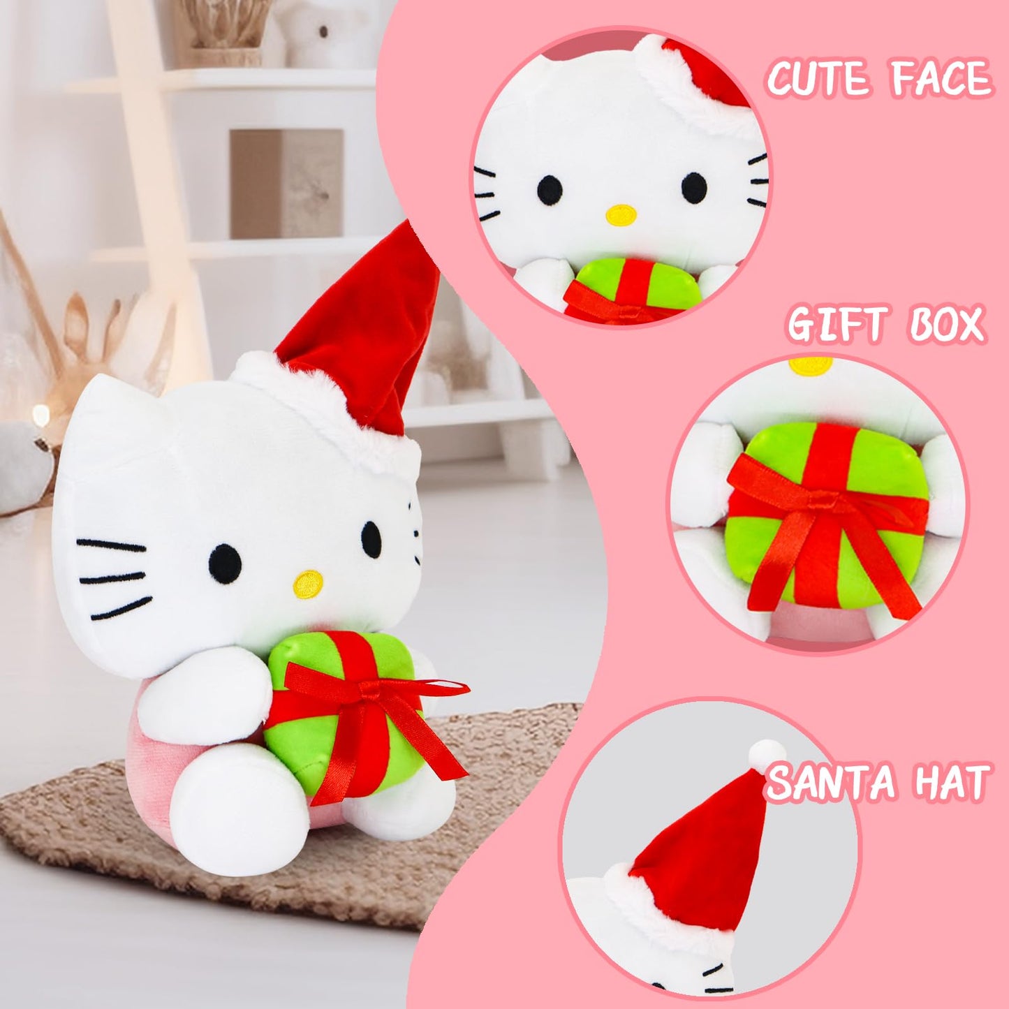 Ahlsense 8-Inch Christmas Cat Plush With Santa Hat And Gift, Soft And Adorable Holiday Stuffed Animal For Kids, Boys, And Girls | Perfect Christmas Decoration And Gift (White)