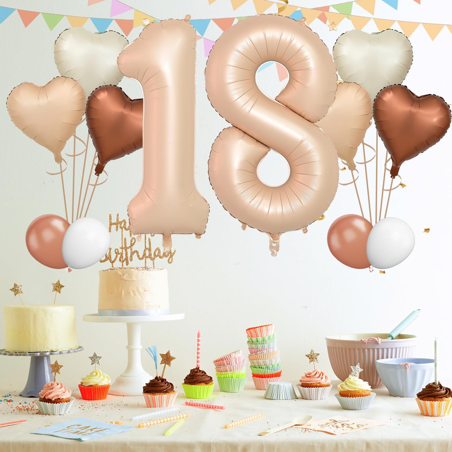 Biapian 40 Inch Light Brown Number 18 Balloons, 8Pcs Large Foil Number 1 & 8 Balloons With 18'' Caramel Heart Shape Balloon For