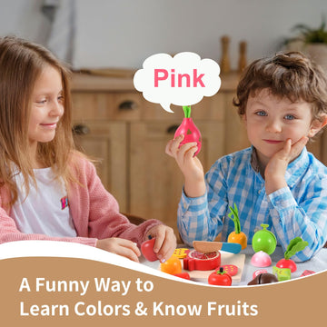 WHOHOLL Wooden Play Food Toys for Kids Kitchen Playset, Play Kitchen Accessories with Apron Pretend Cutting Food Montessori Toys