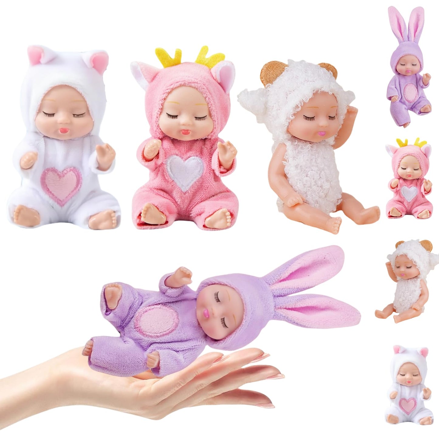 Xadothat 4 Pcs Mini Baby Dolls Set 4 Inch Small Baby Dolls with Animal Clothes for Pretend Play Birthday Gift, Collection(Dolls 