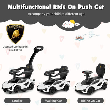 Infans 3 In 1 Ride On Push Car, Licensed Lamborghini Baby Stroller Sliding Walking Car With Push Handle, Music, Usb, Headlight, Under Seat Storage, Kids Foot-To-Floor Toy For 18-60 Months (White)