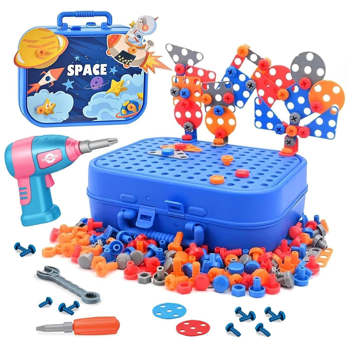 ROKTRY Kids Tool Kit with Electric Drill  Space Theme DIY Construction Toy Set with Screwdriver, Wrench, Nuts & Bolts, Educatio