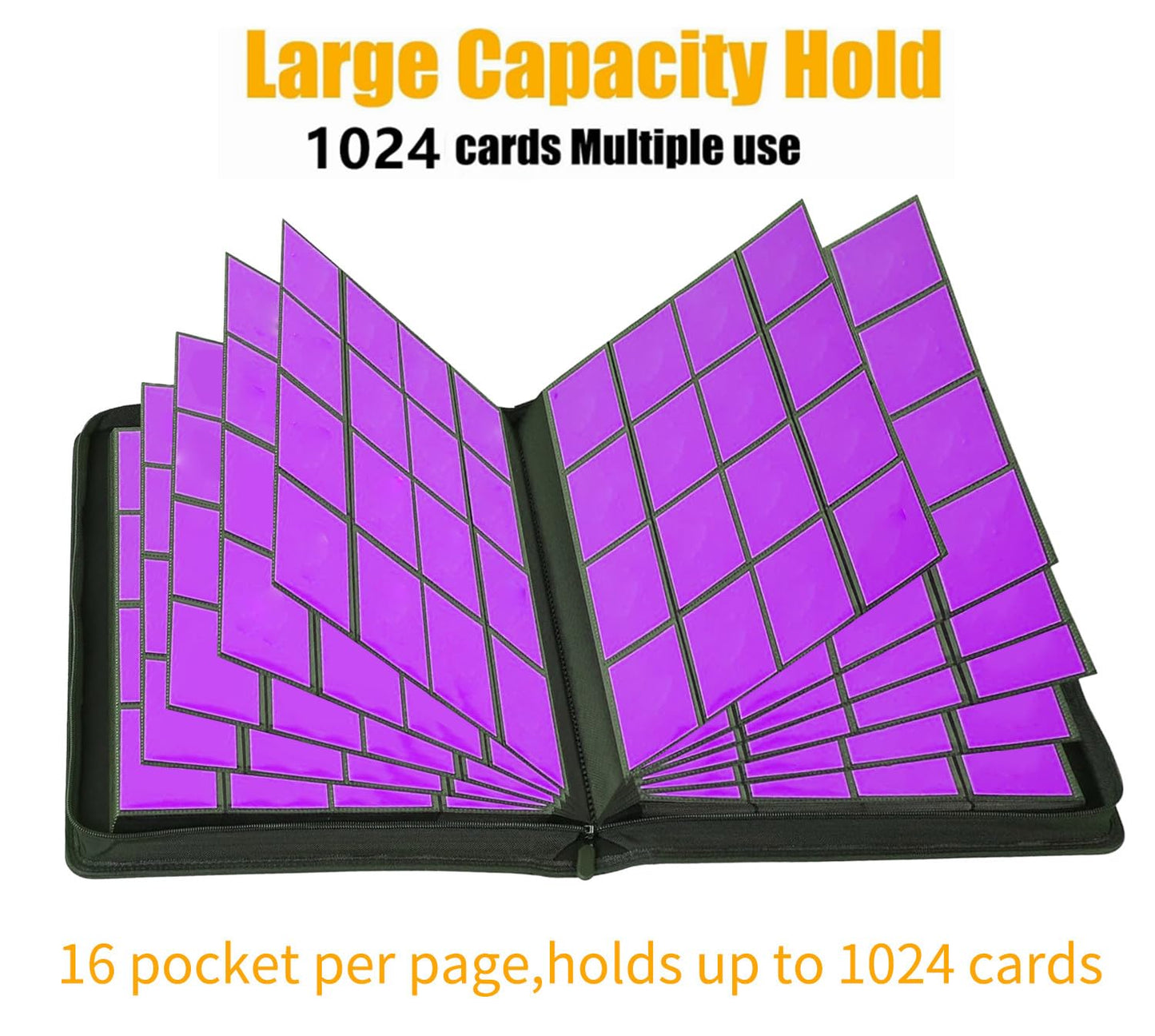 16 Pocket Card Binder, Ringless Zip Trading Card Binder, 1000+ Double Sided Pocket Pu Collection Binder, Collector Album, Card F