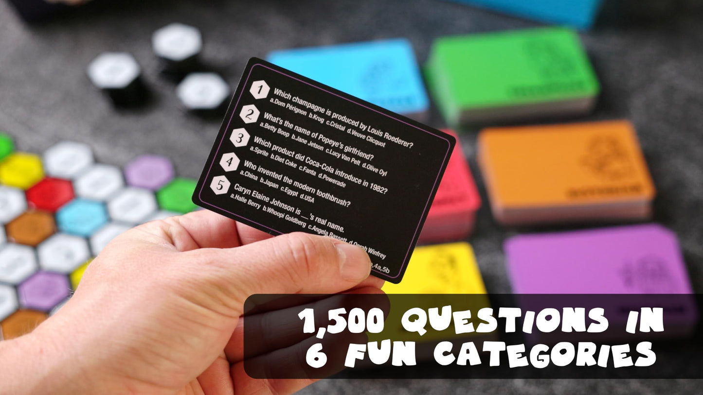 Hexaquest: The Strategic Trivia Board Game – 1500 Questions, 6 Categories, 65 Hexagon Tiles, Premium Bag – Fun, Quick To Learn, Perfect For Game Nights, Families & Parties