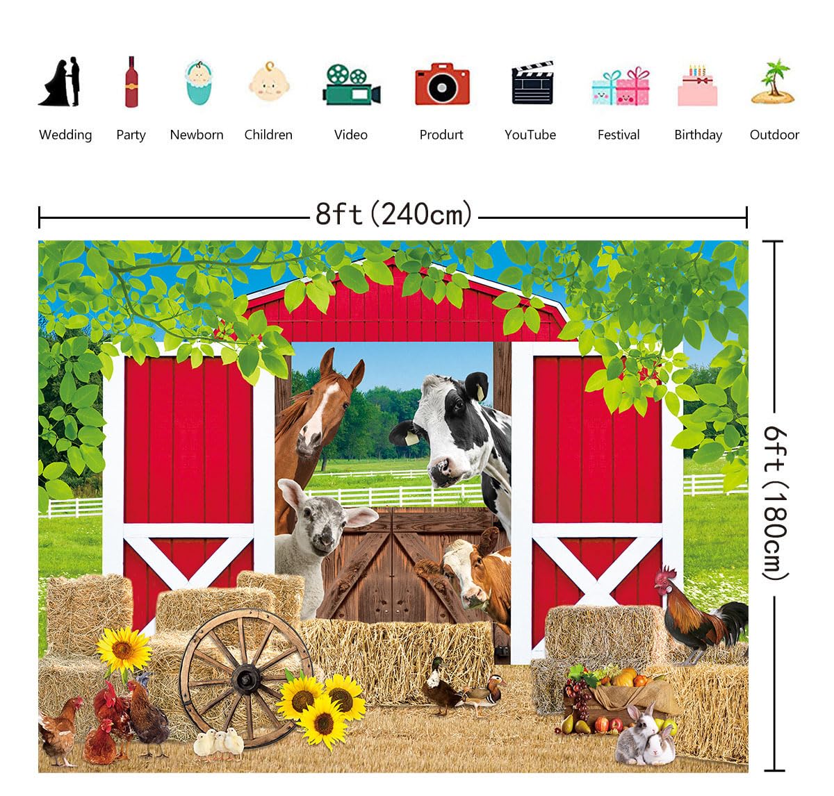 BAIFNEZ Farm Animals Backdrop Red Barn Farmhouse Barnyard Party Banner 8x6FT Country Farm Birthday Party Decorations for Kids Ba
