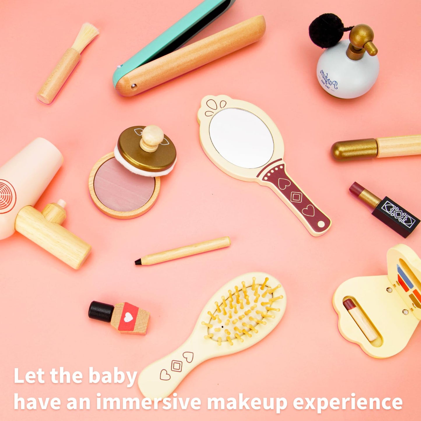 HEELWIRE Wooden Makeup Toy Set for Kids, Girls Imaginative Pretend Beauty Makeup Set Toys, Great Toys for Girls Ages 3+.