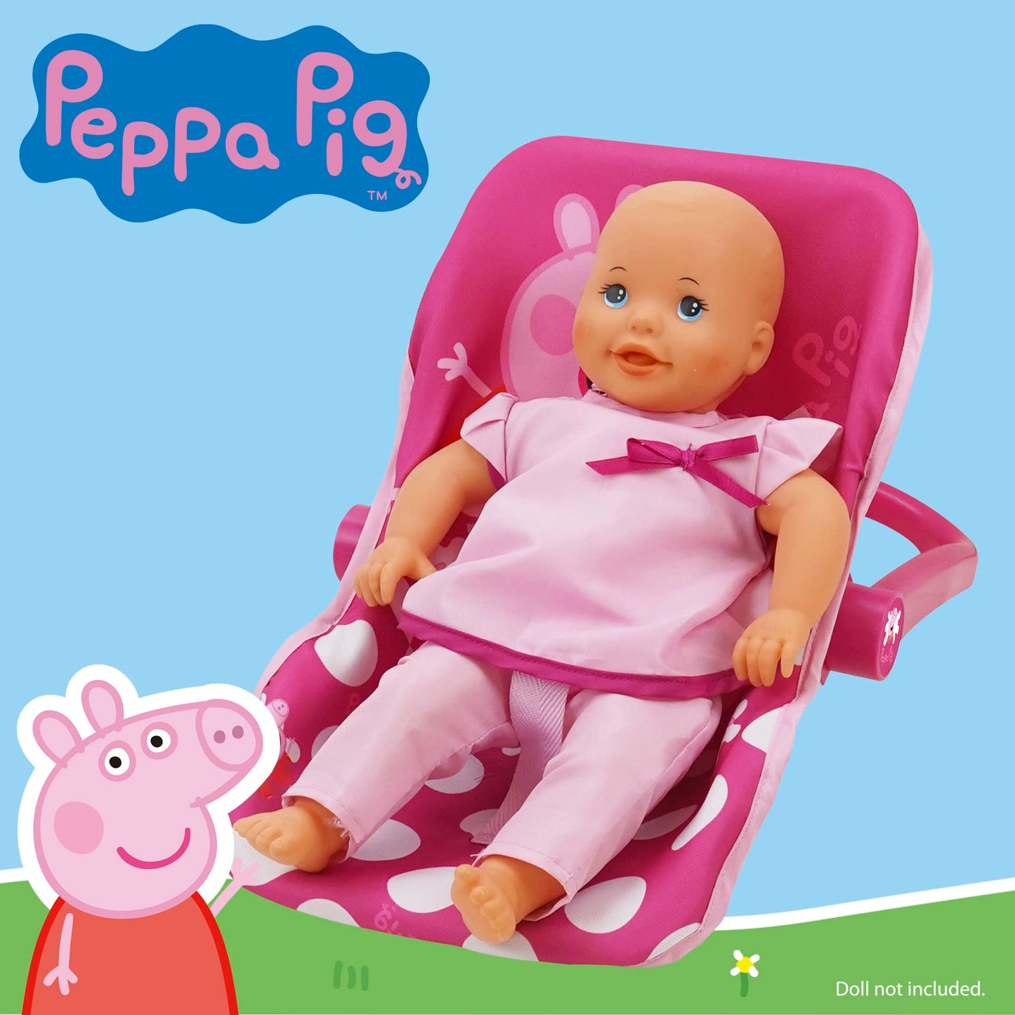 Peppa Pig: Baby Doll Car Seat - Pink & White Dots - Fits Dolls Up To 18'' Convertible Into A Feeding Chair, Plastic Shell W/Fabr