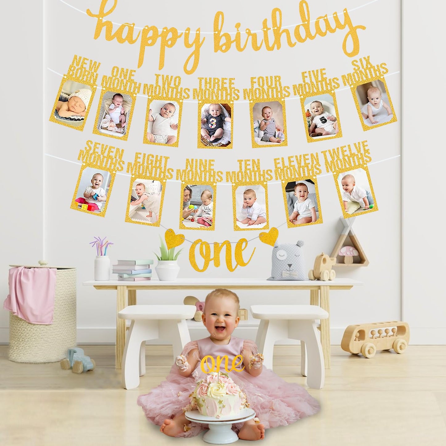 1St Birthday Baby Photo Banner, Happy Birthday Banner, First Birthday Decorations For Boy Newborn To 12 Months, 17Pcs Monthly Mi