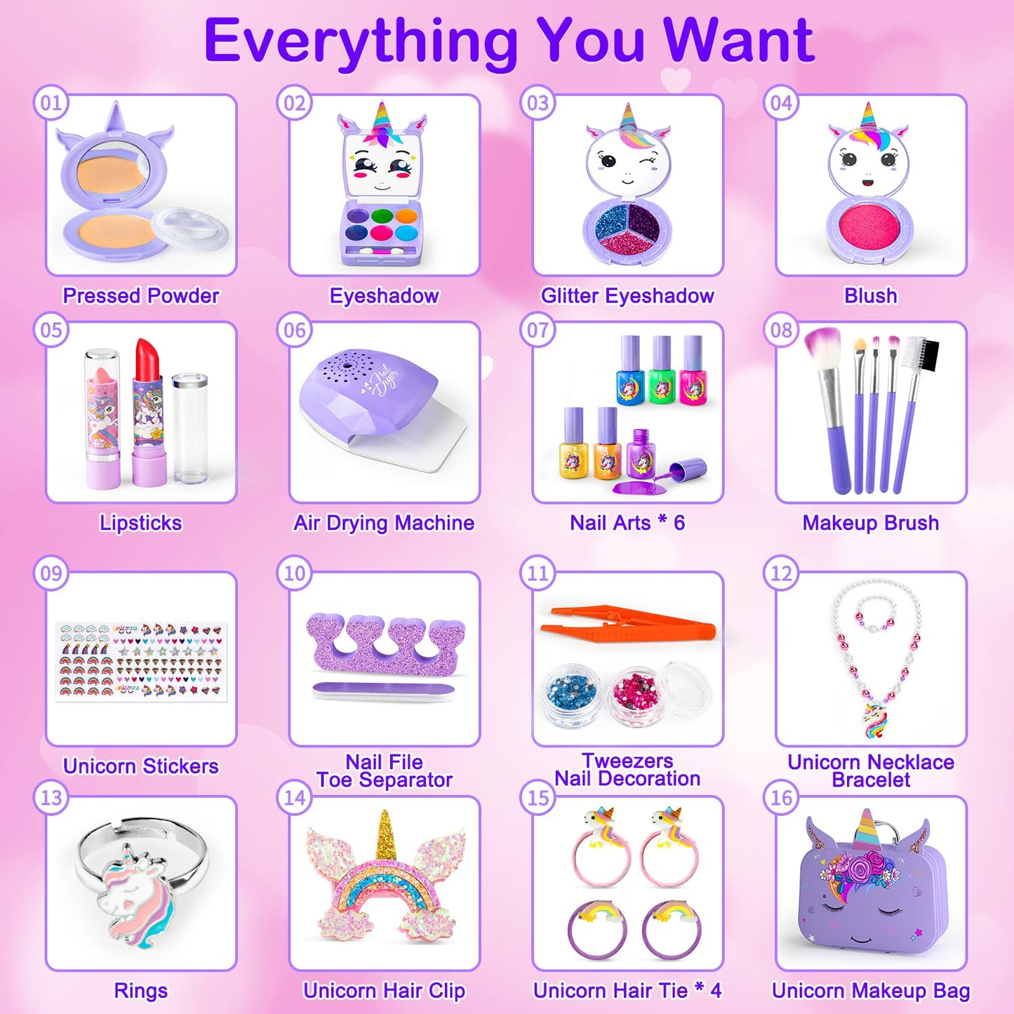 Kids Makeup Kit for Girl - 2 In 1 Kids Washable Makeup Toys & Nail Art Kit with Unicorn Cosmetic Case, Kids Play makeup for Girl