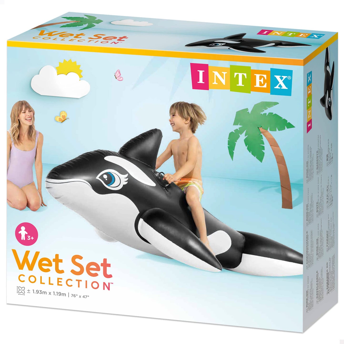Intex Whale Inflatable Pool Float for Kids, 76" x 47", Plastic, Black, Model 58561EP, 2 Heavy-Duty Handles, 88lb Weight Capacity