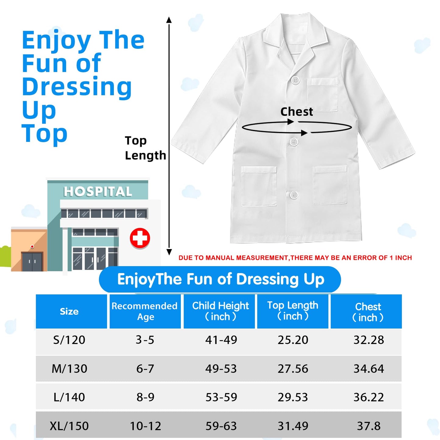 Riorand Kids' Doctor Lab Coat Costume With Accessories Role Play For Boys Girls Playset Nurse Costume Age 3-12 (White, Xl-150Cm/10-12Y)