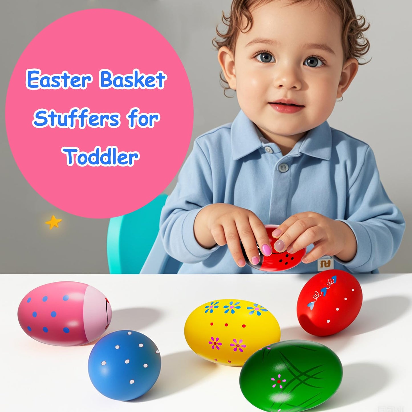 sucenance Easter Basket Stuffers, Set of 6 Prefilled Easter Eggs, Wooden Percussion Musical Shaker Egg Fillers Montessori Toy Es