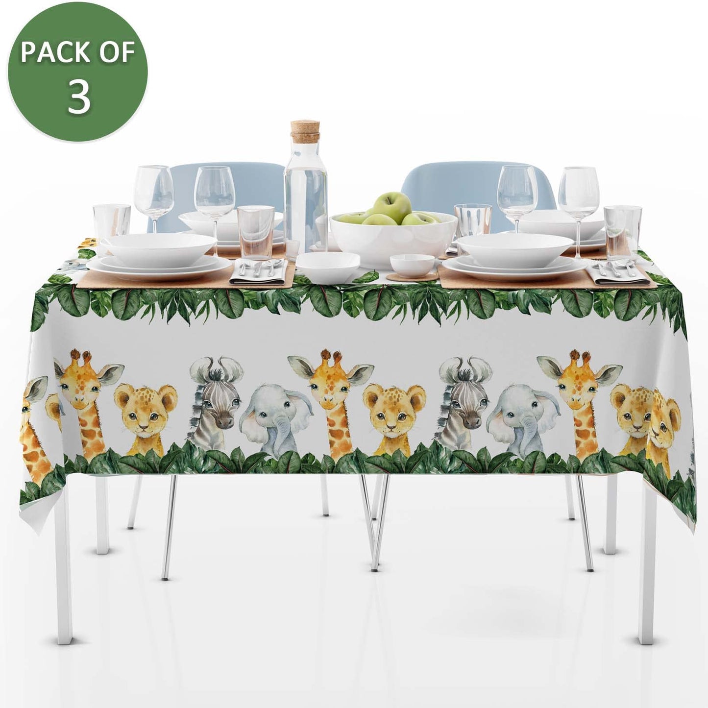Yuzioey 3 Pack Jungle Safari Tablecloths Wild Animals Table Cover, Safari Baby Shower Decorations, 108' X 54' Wild One Birthday Party Supplies