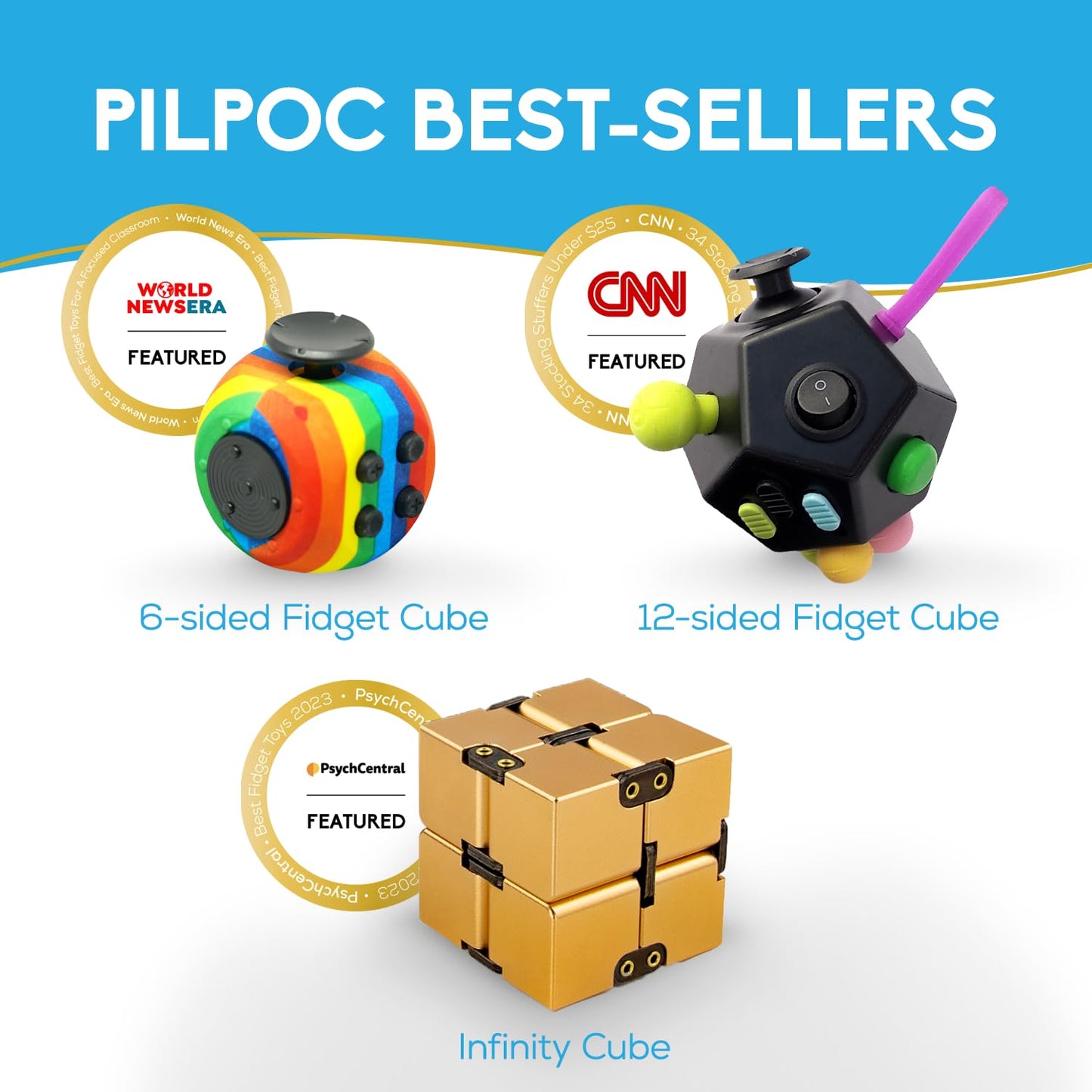 PILPOC theFube Fidget Cube - 6 Sided Fidget Toy for Adults & Kids - Stress Relief & Focus - Audible/Silent, with Carry Case (For