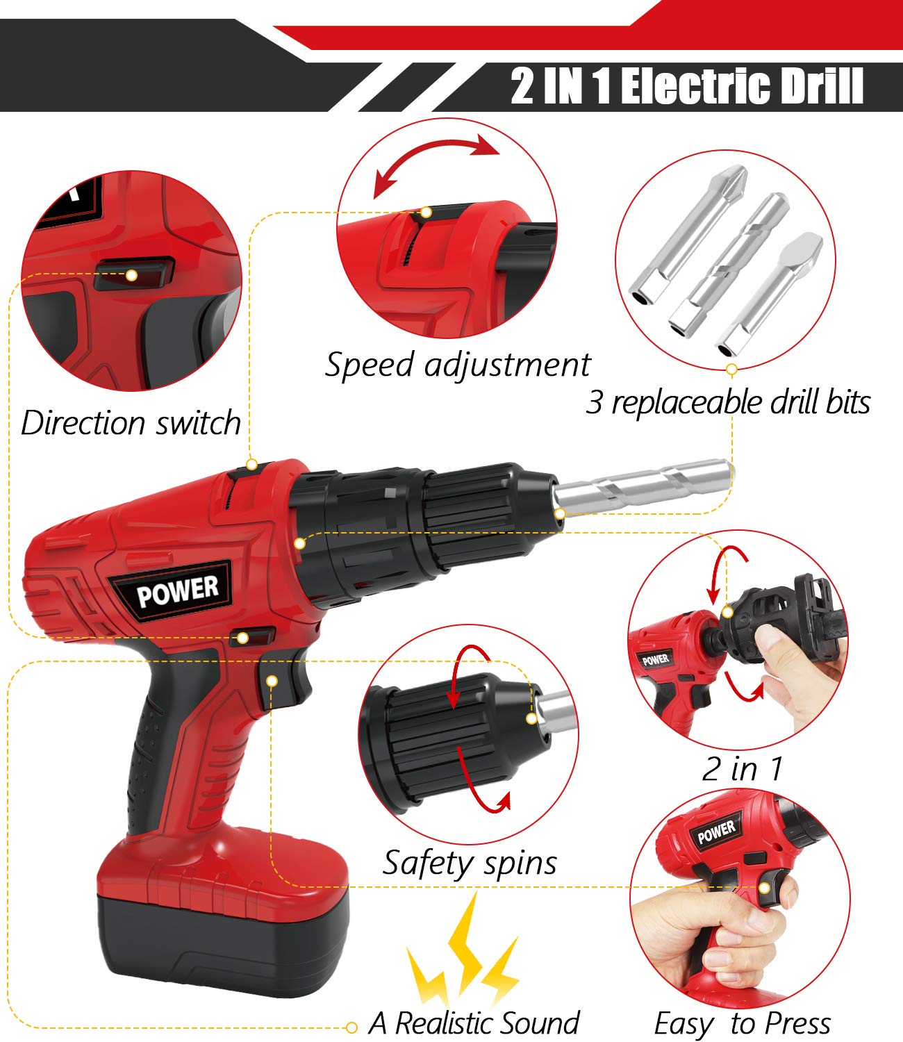 Kids Tool Set with Electric Toy Drill Chainsaw Jigsaw Toy Tools, Realistic Kids Power Construction Pretend Play Tools Set Toy ST