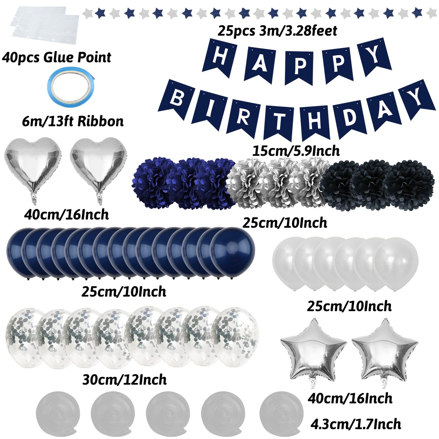 Zerodeco Birthday Decorations For Men, Navy Blue Birthday Party Decorations Happy Birthday Banner Pompoms Balloon For Boys Girls